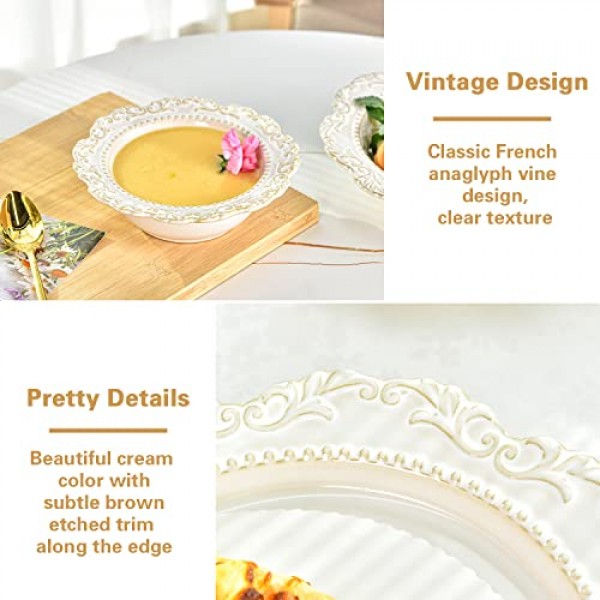 Sungmor 2PC 세라믹 파스타 그릇 세트, 8.5oz 샐러드 그릇 & 15oz 수프 그릇, 아름다운 덩굴 엠보싱 도자기 대형 서빙 그릇, 빈티지 중세 유럽 스타일 넓고 얕은 크고 무거운 