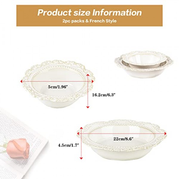 Sungmor 2PC 세라믹 파스타 그릇 세트, 8.5oz 샐러드 그릇 & 15oz 수프 그릇, 아름다운 덩굴 엠보싱 도자기 대형 서빙 그릇, 빈티지 중세 유럽 스타일 넓고 얕은 크고 무거운 