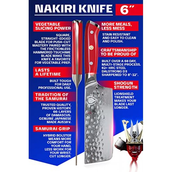 DALSTRONG 나키리 칼 - 6 인치 - 쇼군 시리즈 - 다마스커스 야채 칼 - 일제 AUS-10V 슈퍼 스틸 부엌 칼 - 진공 처리 - 크림슨 레드 ABS 손잡이 - 면도칼 날카로운 부엌 칼 - 칼집 