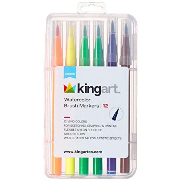 KINGART 수채화 브러시 마커, 12가지 색상 - 밝은 색상의 마커, 저널링, 레터링, 어린이 및 성인 색칠 공부 책 등, 내구성 있고 편리한 운반 케이스와 함께 제공
