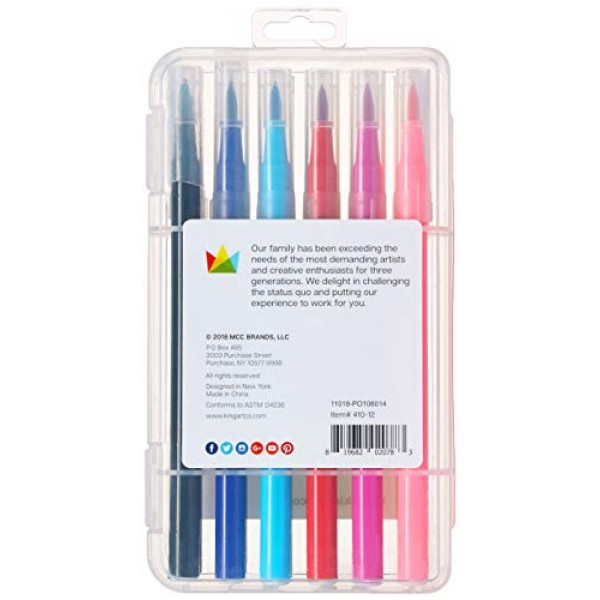 KINGART 수채화 브러시 마커, 12가지 색상 - 밝은 색상의 마커, 저널링, 레터링, 어린이 및 성인 색칠 공부 책 등, 내구성 있고 편리한 운반 케이스와 함께 제공