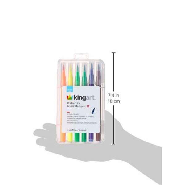 KINGART 수채화 브러시 마커, 12가지 색상 - 밝은 색상의 마커, 저널링, 레터링, 어린이 및 성인 색칠 공부 책 등, 내구성 있고 편리한 운반 케이스와 함께 제공