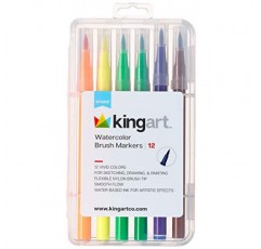KINGART 수채화 브러시 마커, 12가지 색상 - 밝은 색상의 마커, 저널링, 레터링, 어린이 및 성인 색칠 공부 책 등, 내구성 있고 편리한 운반 케이스와 함께 제공