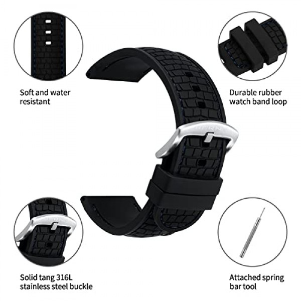 BERNY 실리콘 시계 밴드 부드러운 고무 방수 교체용 시계 스트랩, 스테인레스 스틸 버클 Asroted 색상 - 22mm, 24mm 남성용 및 여성용(회색, 파란색, 녹색, 금색)