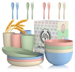 밀짚 식기 세트, 20개 식기 식기 세트 전자레인지 및 식기세척기 안전하고 가볍고 깨지지 않는 접시 세트, 재사용 가능한 디너 접시 어린이 접시 및 그릇 세트