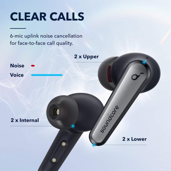 soundcore Anker Liberty Air 2 Pro Bluetooth 헤드폰, 액티브 노이즈 캔슬링, PureNote 기술, 마이크 6개, 26시간 배터리, Bluetooth 5(Onyx)(리퍼 상품)