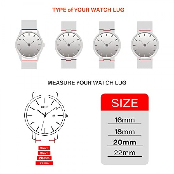 BUREI 퀵 릴리스 가죽 시계 밴드, 빈티지 가죽 시계 스트랩, 교체 스트랩 20mm