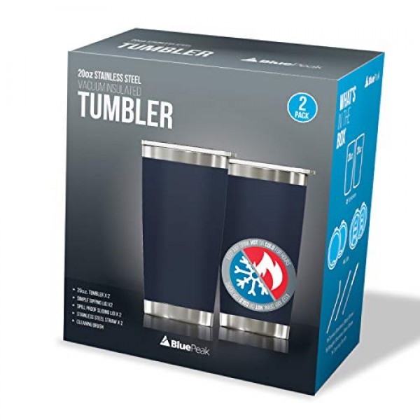 BluePeak 이중벽 스테인레스 스틸 단열 텀블러 세트, 2팩, 홀짝 뚜껑, 유출 방지 슬라이딩 뚜껑, 빨대, 청소용 브러시 및 선물 상자(20온스, 네이비) 포함