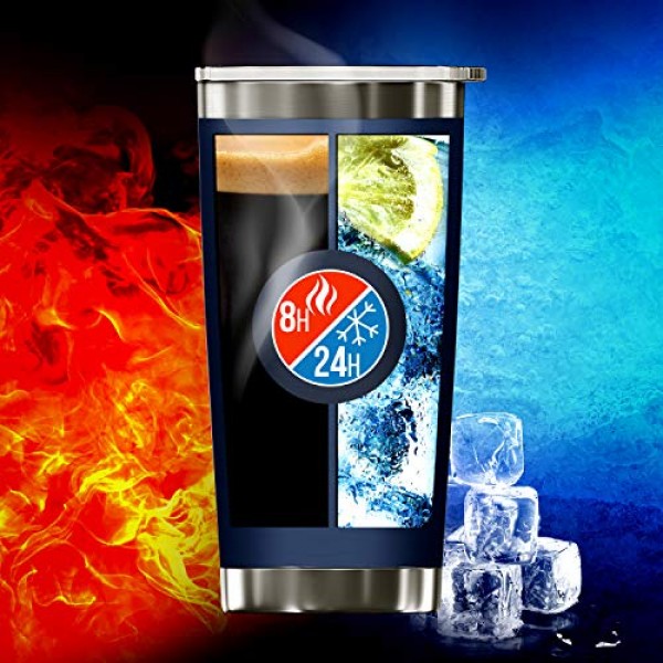 BluePeak 이중벽 스테인레스 스틸 단열 텀블러 세트, 2팩, 홀짝 뚜껑, 유출 방지 슬라이딩 뚜껑, 빨대, 청소용 브러시 및 선물 상자(20온스, 네이비) 포함