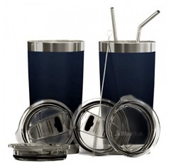 BluePeak 이중벽 스테인레스 스틸 단열 텀블러 세트, 2팩, 홀짝 뚜껑, 유출 방지 슬라이딩 뚜껑, 빨대, 청소용 브러시 및 선물 상자(20온스, 네이비) 포함