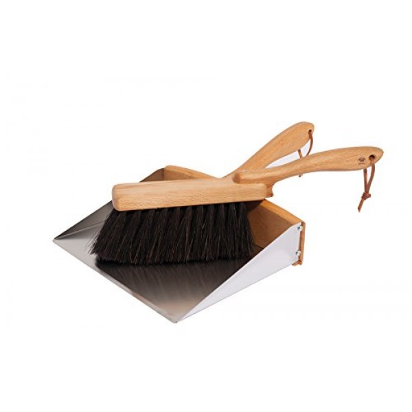 REDECKER Arenga 섬유 핸드 브러시 및 더스트 팬 세트, 가정용 및 실외용 튼튼한 빗자루 및 쓰레받기 콤보, 기름칠한 너도밤나무 손잡이, 스테인리스 스틸 더스트 팬, 독일