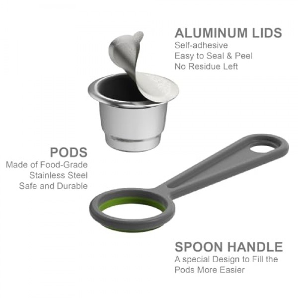 Nespresso OriginalLine용 재사용 가능한 캡슐 10개 - 리필 가능 커피 포드 Nespresso OriginalLine 머신과 호환되는 스테인레스 스틸 컵(포드 10개 + 뚜껑 300개)