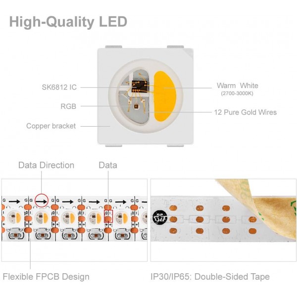 BTF-LIGHTING RGBW RGBWW RGB+웜 화이트 SK6812(WS2812B 유사) 개별 주소 지정 가능 3.3ft 144LED/픽셀/m 유연한 4가지 색상 in 1 LED 드림 컬러 LED 스트립 IP30 비방수 DC5V 화이트 PCB Rgb+웜 