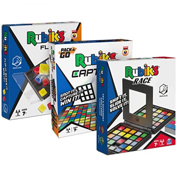 Rubik's Pack & Go, 3개 게임 번들 레이스 뒤집기 캡처 2인용 시퀀스 보드 게임 3D 퍼즐 여행 게임 선물 세트, 성인 및 7세 이상 어린이용 Amazon 독점