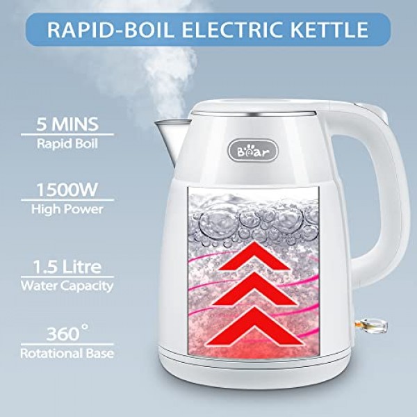 베어 전기 주전자, 1.5L 급속 끓는 물 보일러, 내부가 스테인레스 304, 자동 차단 및 끓임 건조 방지 기능이 있는 1500W 차 주전자, 차와 커피에 적합한 전기 주전자