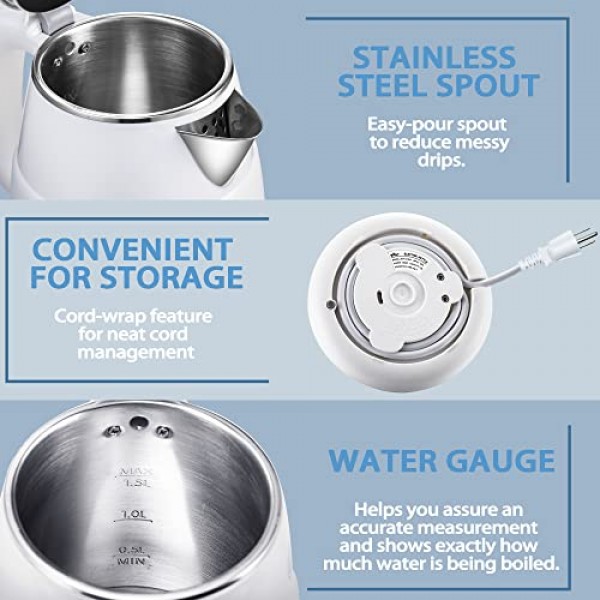 베어 전기 주전자, 1.5L 급속 끓는 물 보일러, 내부가 스테인레스 304, 자동 차단 및 끓임 건조 방지 기능이 있는 1500W 차 주전자, 차와 커피에 적합한 전기 주전자