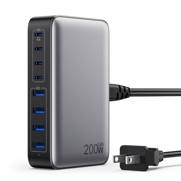 200W USB C 충전기 블록, GaN III 8포트 USB C 고속 충전 스테이션 PPS PD 65W 노트북 충전기 어댑터 MacBook Pro/Air,DELL,HP Surface,iPhone 15/Pro/14/13,Galaxy S23,Steam Deck 등과 호환 가능
