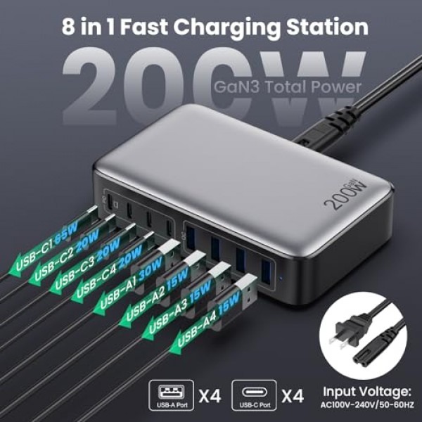 200W USB C 충전기 블록, GaN III 8포트 USB C 고속 충전 스테이션 PPS PD 65W 노트북 충전기 어댑터 MacBook Pro/Air,DELL,HP Surface,iPhone 15/Pro/14/13,Galaxy S23,Steam Deck 등과 호환 가능