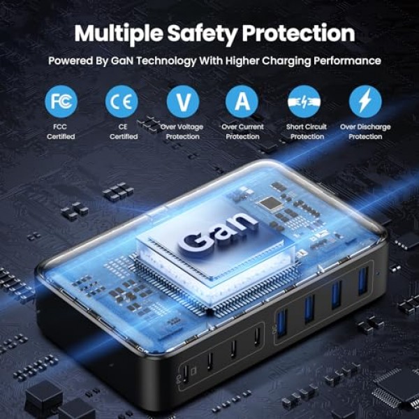 200W USB C 충전기 블록, GaN III 8포트 USB C 고속 충전 스테이션 PPS PD 65W 노트북 충전기 어댑터 MacBook Pro/Air,DELL,HP Surface,iPhone 15/Pro/14/13,Galaxy S23,Steam Deck 등과 호환 가능