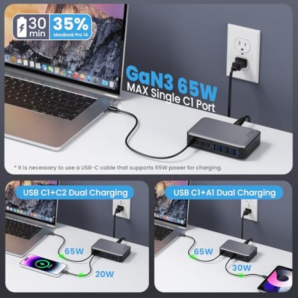 200W USB C 충전기 블록, GaN III 8포트 USB C 고속 충전 스테이션 PPS PD 65W 노트북 충전기 어댑터 MacBook Pro/Air,DELL,HP Surface,iPhone 15/Pro/14/13,Galaxy S23,Steam Deck 등과 호환 가능