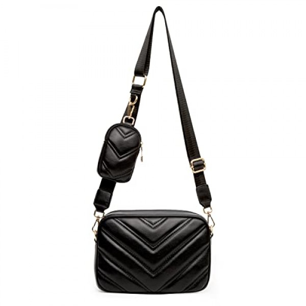 Herald Chevron Quilted Small Crossbody Bag with Coin Purse Pouch 여성용 스퀘어 스냅 샷 카메라 사이드 숄더 2 사이즈 핸드백 블랙