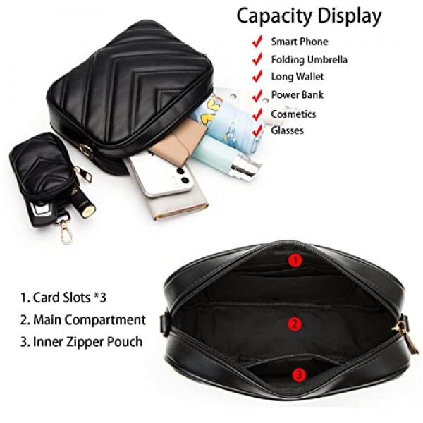 Herald Chevron Quilted Small Crossbody Bag with Coin Purse Pouch 여성용 스퀘어 스냅 샷 카메라 사이드 숄더 2 사이즈 핸드백 블랙