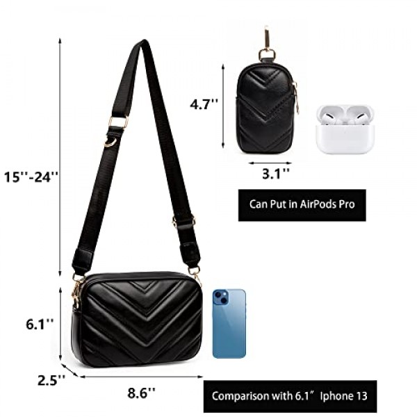 Herald Chevron Quilted Small Crossbody Bag with Coin Purse Pouch 여성용 스퀘어 스냅 샷 카메라 사이드 숄더 2 사이즈 핸드백 블랙