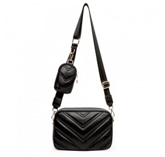 Herald Chevron Quilted Small Crossbody Bag with Coin Purse Pouch 여성용 스퀘어 스냅 샷 카메라 사이드 숄더 2 사이즈 핸드백 블랙