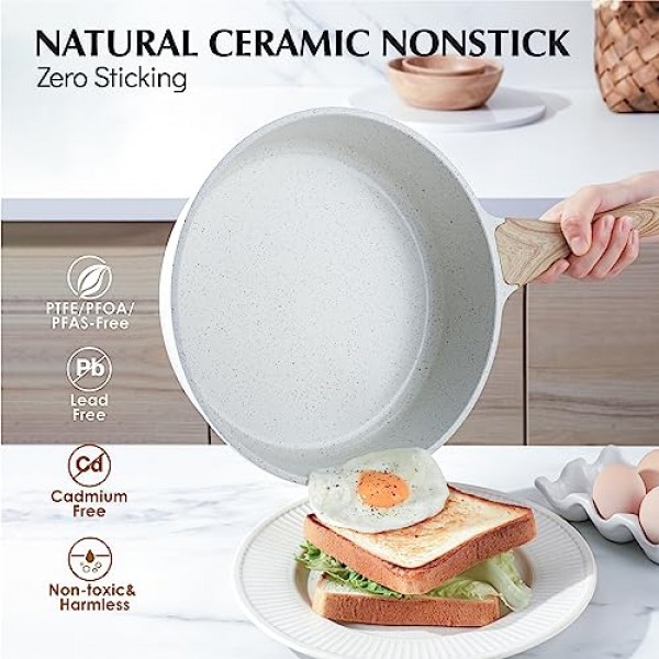 SENSARTE 붙지 않는 세라믹 소테 팬 10인치, 뚜껑이 있는 무독성 깊은 프라이팬 프라이팬, 건강한 점보 쿠커, 차가운 손잡이, 유도 호환 가능, PFOA 및 PFAS 없음