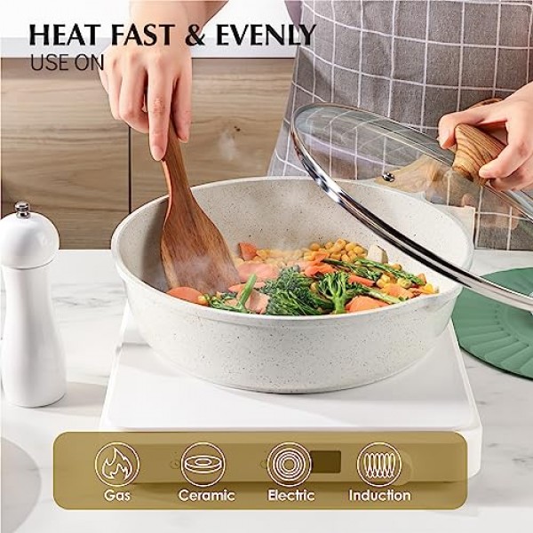 SENSARTE 붙지 않는 세라믹 소테 팬 10인치, 뚜껑이 있는 무독성 깊은 프라이팬 프라이팬, 건강한 점보 쿠커, 차가운 손잡이, 유도 호환 가능, PFOA 및 PFAS 없음