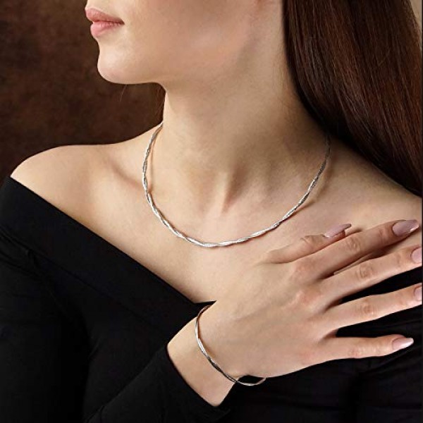 Materia CO-28 여성용 초커 목걸이 925 실버 – 여성용 목걸이 Tonda 체인 2 가닥 42-46 cm 목걸이 케이스에 로듐 도금, 글리터 효과가 있는 반투명 마감 로듐 도금, 변색 방지