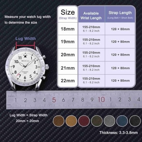 WOCCI 레트로 시계 밴드, 누벅 가죽, 퀵 릴리스 교체 스트랩, 스테인레스 스틸 버클, 밴드 폭 18mm 20mm 22mm