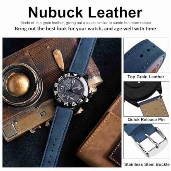 WOCCI 레트로 시계 밴드, 누벅 가죽, 퀵 릴리스 교체 스트랩, 스테인레스 스틸 버클, 밴드 폭 18mm 20mm 22mm