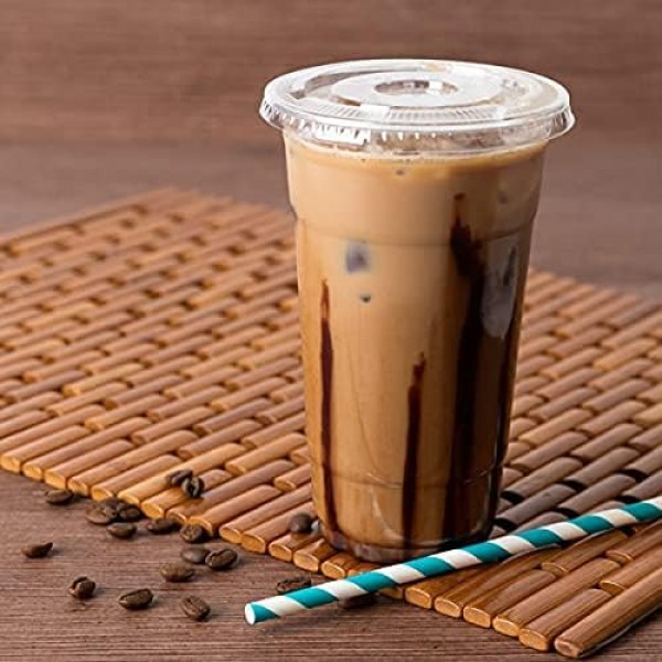 [20 oz 28 Sets] 납작한 홈이 있는 뚜껑이 있는 투명 플라스틱 컵, 28캐럿, 아이스 커피, 스무디, 물 또는 디저트를 위한 일회용 및 재활용 음료 용기, 대용량 BPA 무료 음료