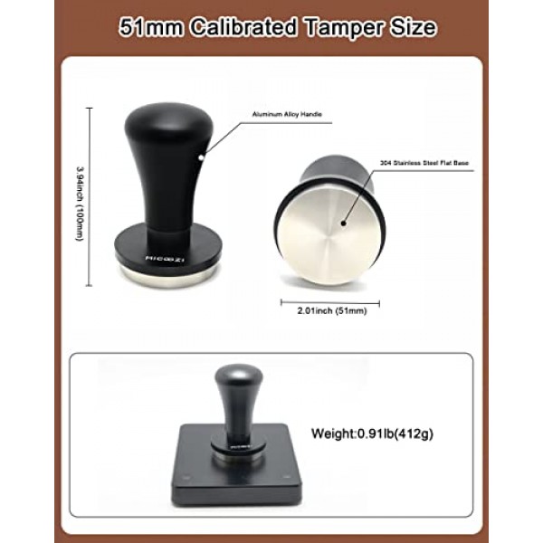 보정된 에스프레소 탬퍼 51mm | MIGOOZI 304 스테인레스 스틸 에스프레소 커피 핸드 탬퍼 | Delonghi, Gevi, Yabano 51mm 포터필터용 전문 에스프레소 바리스타 30파운드 스프링 장
