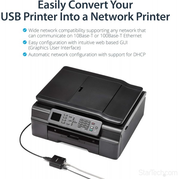 StarTech.com 10/100Mbps 이더넷 - USB 2.0 네트워크 인쇄 서버 - Windows 10 - LPR - LAN USB 인쇄 서버 어댑터(PM1115U2), 검정, 22.9mmx53.3mmx53.3mm 단일