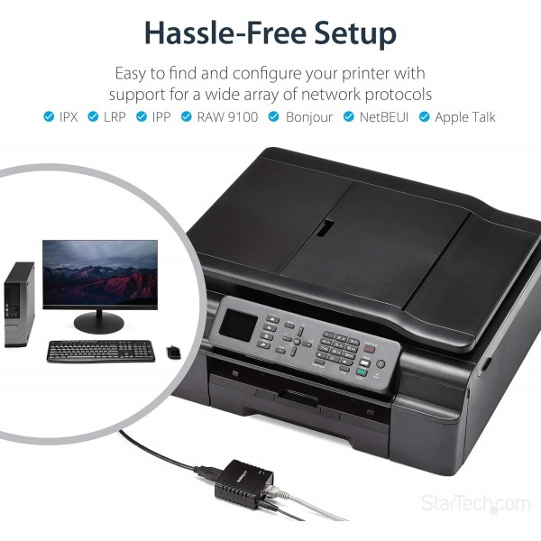 StarTech.com 10/100Mbps 이더넷 - USB 2.0 네트워크 인쇄 서버 - Windows 10 - LPR - LAN USB 인쇄 서버 어댑터(PM1115U2), 검정, 22.9mmx53.3mmx53.3mm 단일