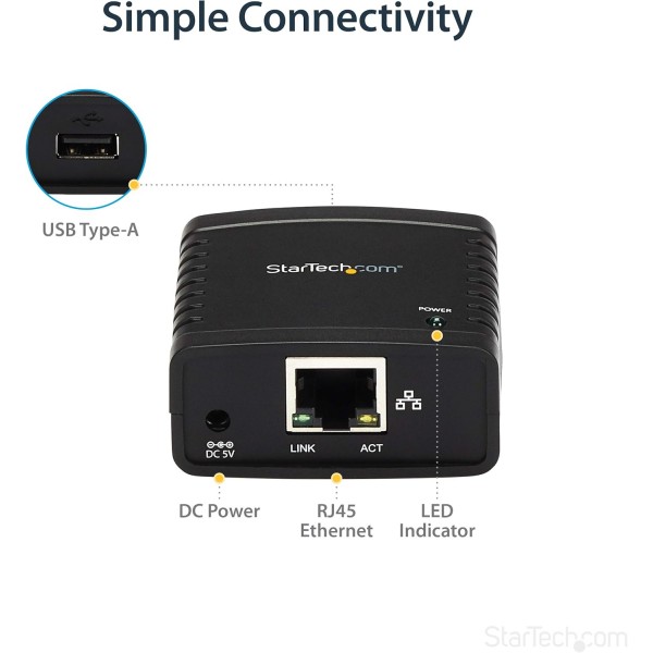 StarTech.com 10/100Mbps 이더넷 - USB 2.0 네트워크 인쇄 서버 - Windows 10 - LPR - LAN USB 인쇄 서버 어댑터(PM1115U2), 검정, 22.9mmx53.3mmx53.3mm 단일