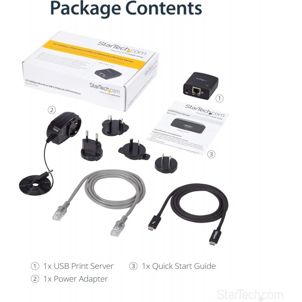 StarTech.com 10/100Mbps 이더넷 - USB 2.0 네트워크 인쇄 서버 - Windows 10 - LPR - LAN USB 인쇄 서버 어댑터(PM1115U2), 검정, 22.9mmx53.3mmx53.3mm 단일