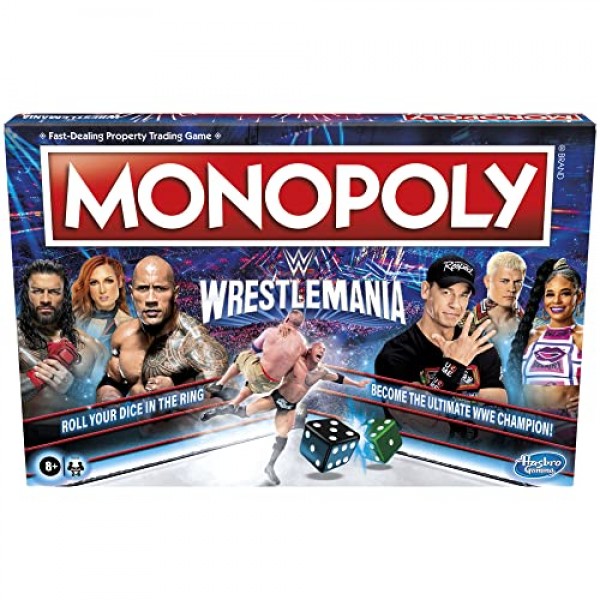 Hasbro Gaming Monopoly: 8세 이상을 위한 Wrestlemania Edition 보드 게임, WWE Wrestlemania에서 영감을 받은 모노폴리 게임, 2-6인용 가족 게임, 어린이 게임