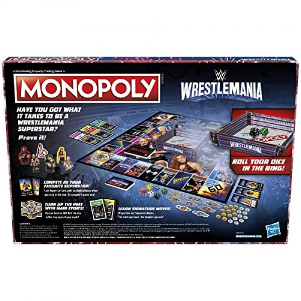 Hasbro Gaming Monopoly: 8세 이상을 위한 Wrestlemania Edition 보드 게임, WWE Wrestlemania에서 영감을 받은 모노폴리 게임, 2-6인용 가족 게임, 어린이 게임