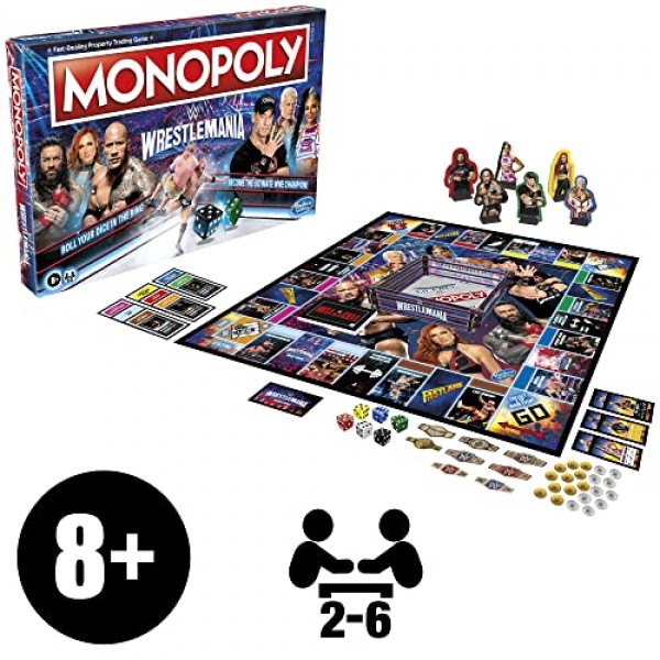 Hasbro Gaming Monopoly: 8세 이상을 위한 Wrestlemania Edition 보드 게임, WWE Wrestlemania에서 영감을 받은 모노폴리 게임, 2-6인용 가족 게임, 어린이 게임