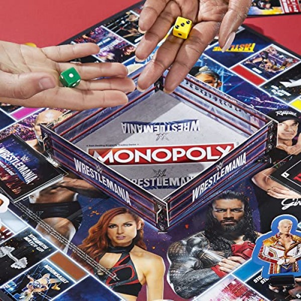Hasbro Gaming Monopoly: 8세 이상을 위한 Wrestlemania Edition 보드 게임, WWE Wrestlemania에서 영감을 받은 모노폴리 게임, 2-6인용 가족 게임, 어린이 게임