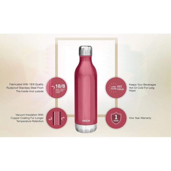 Milton Bliss 600 Thermosteel Hot and Cold 24시간 병 540ml 레드 | 누출 방지 | 운반하기 쉬운 | 사무실 병 | 하이킹 | 트레킹 | 여행 병 | 체육관 | 홈 | 레드 540ml