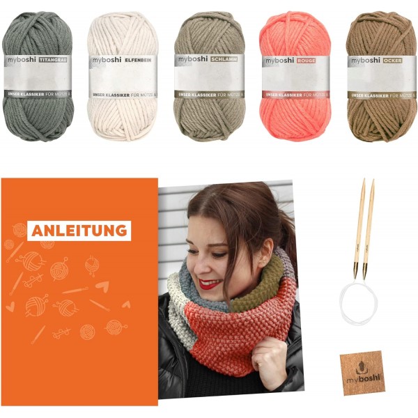 마이보시 뜨개질 세트 스카프 New Haven, No.1 울, 바늘 및 지침 포함, 모자 및 스카프용, 뜨개질 키트, 30% 메리노 울 루즈와 원형 뜨개질 바늘
