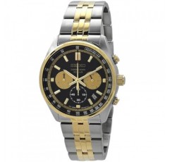 SEIKO 남성용 블랙 다이얼 투톤 스테인레스 스틸 밴드 크로노그래프 GMT 아날로그 쿼츠 시계