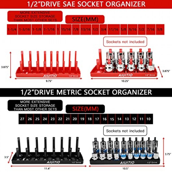 8피스 미터법 및 SAE 소켓 정리함 트레이 세트, 1/4인치, 3/8인치 및 1/2인치 드라이브 도구 상자용 표준 및 깊은 소켓 홀더, 176개 소켓 보관