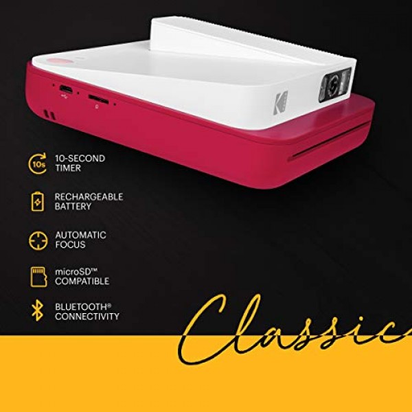 Kodak Smile 클래식 즉석 필름 디지털 카메라 + Bluetooth, 16MP, 35매 인쇄/충전 – 스타터 팩 3.5 x 4.25인치 아연 종이, 스티커 프레임 에디션