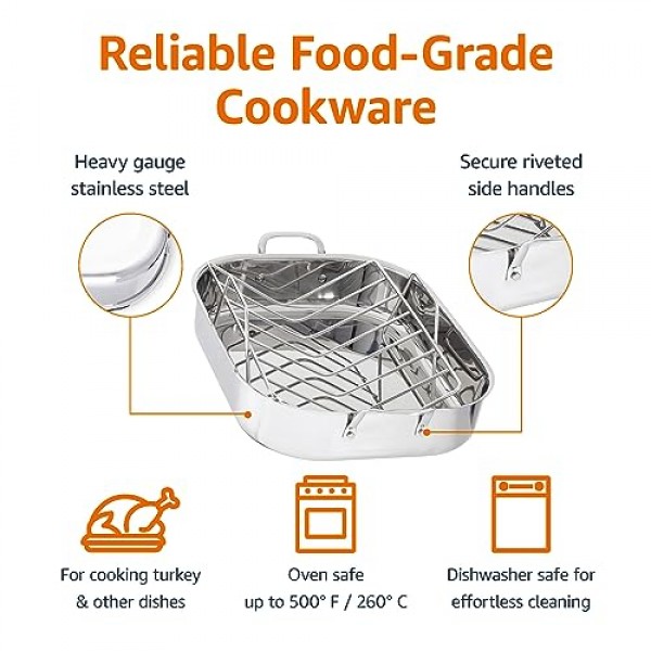 Amazon Basics 스테인레스 스틸 직사각형 로스팅 팬(랙 포함), 16인치