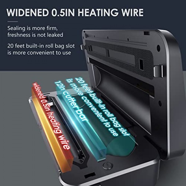 진공 실러 기계, ETL 테스트 및 인증 95KPA 디지털 디스플레이 식품 실러, 내장형 커터 및 백 보관함(최대 20피트 길이), 백 롤 2개(11x16' 및 8x16' 포함), 자동 및 수동 옵션 
